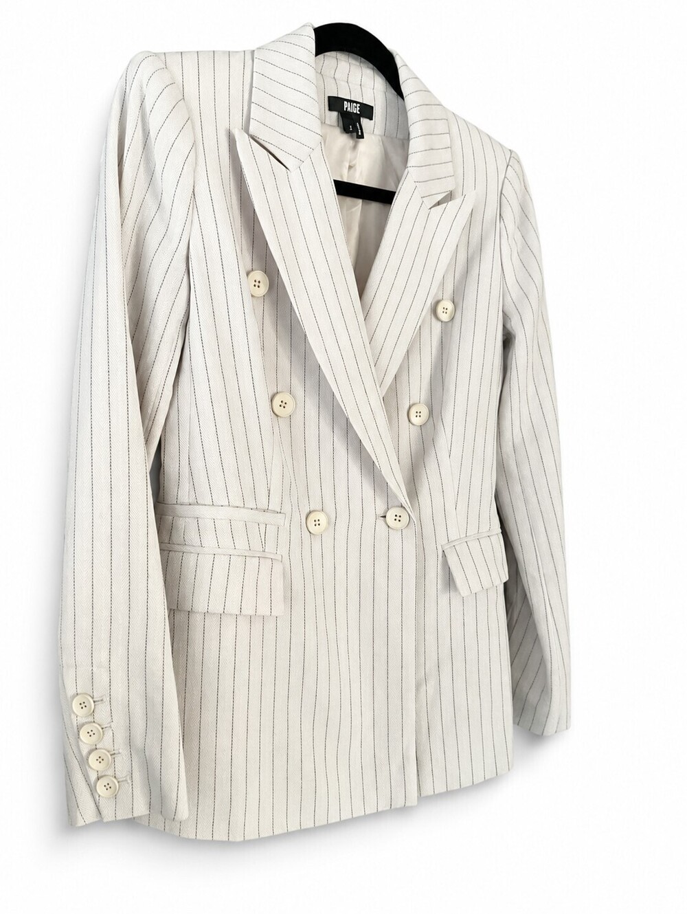 PAIGE Size 2 Hourglass Cinched Waist Pinstripe Double Breasted Power Blazer $399 - Picture 12 of 13